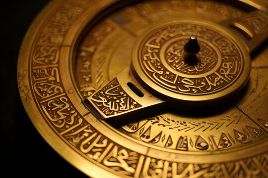 Intricate islamic astrolabe with arabic calligraphy and celestial markings