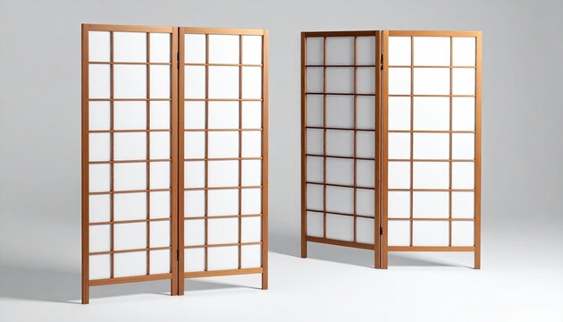 Two light-brown wooden room dividers, each with three panels featuring a grid of white fabric squares, stand against a neutral background