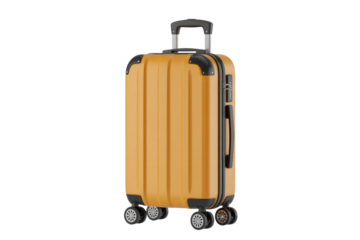 A mustard yellow carry-on suitcase with wheels and a retractable handle, isolated on a transparent background. background removed