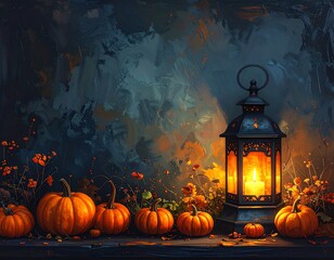 Obraz premium Charming autumn scene with pumpkins and lantern.