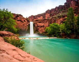 Red rock waterfall cascading into turquoise pool