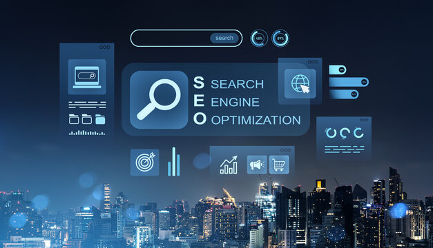 SEO search optimization interface over city skyline at night with digital icons. - Powered by Adobe