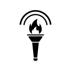 Black and White Torch Icon with Flames and Broadcast Symbol