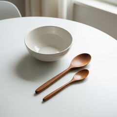 Elegant wooden spoons and ceramic bowl create a minimal kitchen aesthetic for mindful dining moments
