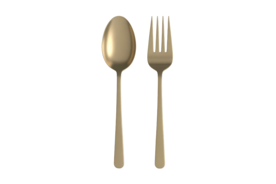 Gold spoon and fork on transparent background; elegant, simple cutlery set. background removed