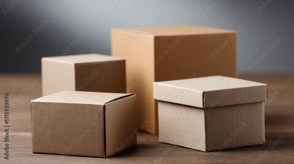 Poster assorted cardboard packaging boxes stacked on minimal background composition