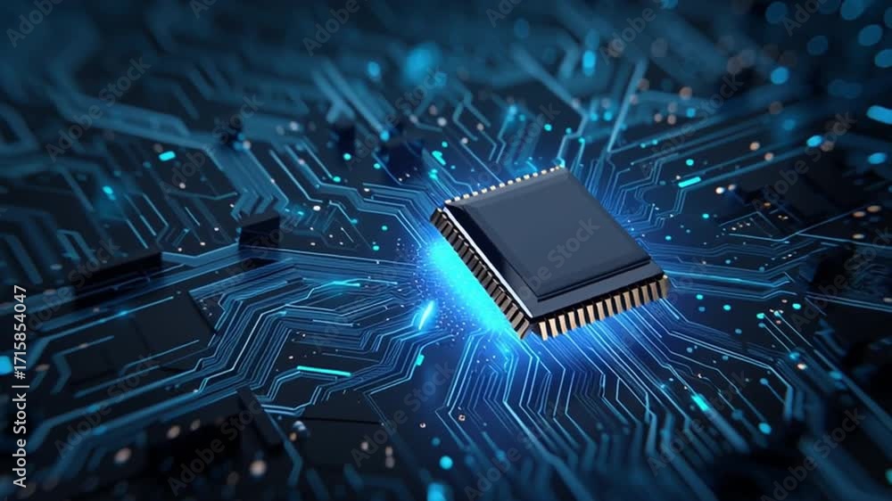 Poster the tech core: a close-up view showcases a high-tech circuit board, illuminating with digital blue l