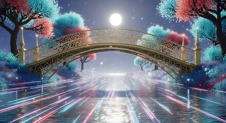A magical bridge arches over a glowing river under moonlight
