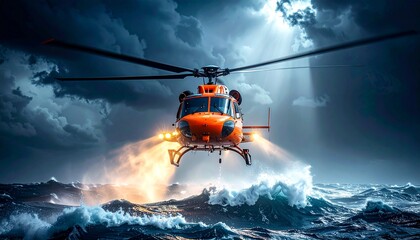 A rescue helicopter spotlight searches the waves