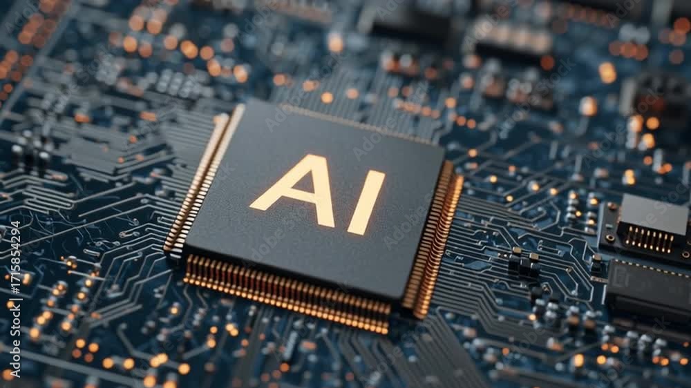 Poster ai chip: this image showcases a detailed, close-up view of an ai chip integrated onto a circuit boar