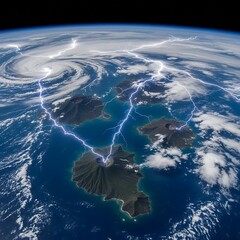 Powerful lightning illuminates a group of islands, surrounded by a stormy atmosphere, from a high vantage point.