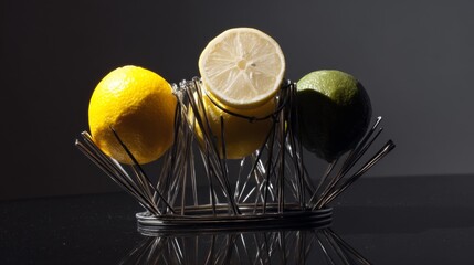Lemons and oranges inside wire basket on dark background concept