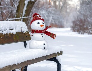 Winter wonderland snowman on snowy park bench