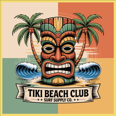 Tiki mask illustration with palm trees, ocean waves, and tropical retro design in vintage Hawaiian surf culture beach style art