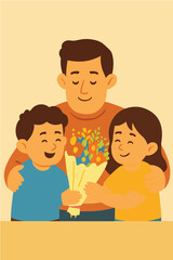 Children Giving Flowers to father Vector Illustration
