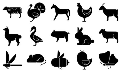 Farm Animals Glyph Icon Set | Vector Solid Symbols of Cow, Horse, Chicken, Pig, Goat | Livestock Pictograms.