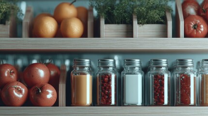 Wooden shelf with fresh tomatoes and spice jars interior background