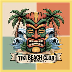 Tiki mask illustration with palm trees, ocean waves, and tropical retro design in vintage Hawaiian surf culture beach style art