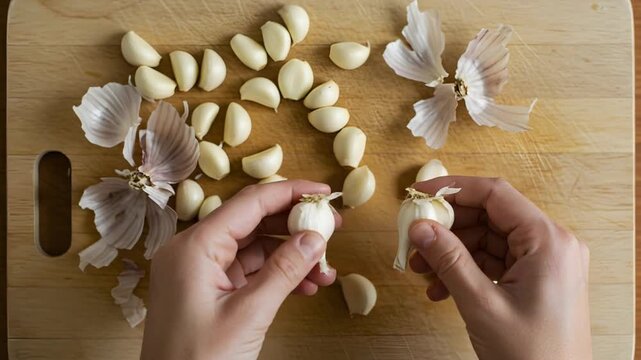 Hands peeling garlic bulbs
