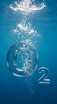 Oxygen bubbles ascend underwater with 'O2' chemical symbol creating dynamic science visuals