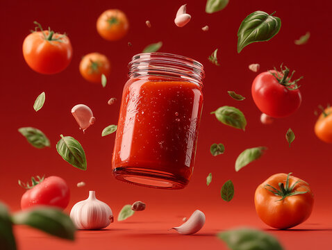 Fresh tomatoes and basil create a vibrant scene featuring a jar of homemade sauce against a bold red backdrop