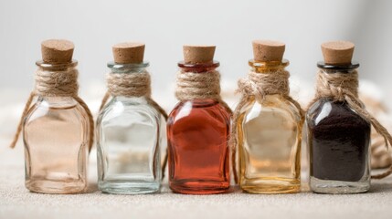 Glass bottles with colorful liquids displayed vintage styled collection