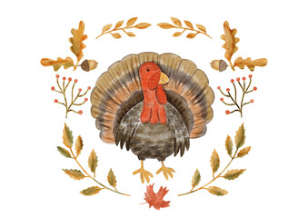 Hand painted watercolor illustration of a Thanksgiving turkey with autumn leaves, acorns and berries. Festive holiday design for cards, invitations, posters and seasonal decor.