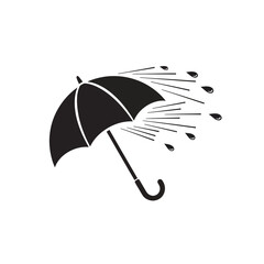 Black umbrella icon with dynamic rain and wind lines, graphic illustration of stormy weather.