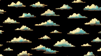 An intricate pattern of stylized clouds, rendered in shades of blue and gold, floats against a stark black background, creating a dramatic and ethereal visual experience.