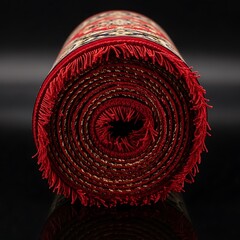 A rolled-up decorative rug, showcasing intricate patterns and vibrant colors, is displayed against a dark backdrop.