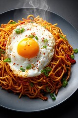 Steaming spicy noodles topped with a perfectly fried egg, garnished with green onions and chili flakes