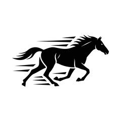 Fototapeta premium Dynamic black silhouette of a powerful galloping horse with speed lines, depicting motion and strength.