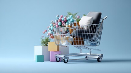 Shopping cart flowers groceries minimal styled lifestyle background composition