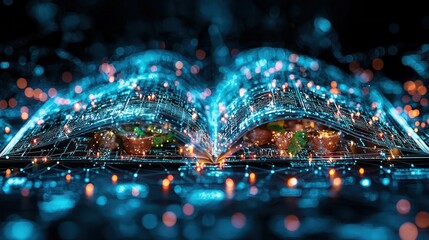 Glowing digital book open, revealing data connections.