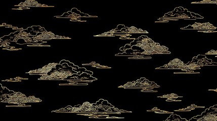 An elegant, repeating pattern depicts stylized golden clouds against a deep black background, evoking a sense of calm and ethereal beauty through minimalist line work.