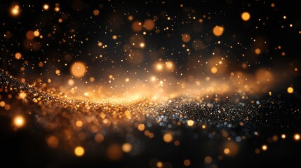 Fototapeta premium Golden glitter sparkle, bokeh lights, dark background.