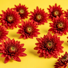 Vibrant red chrysanthemum flowers arranged artfully on a sunny yellow background