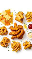 Crispy golden appetizers like chicken tenders, fries, mozzarella sticks, and spring rolls arranged beautifully