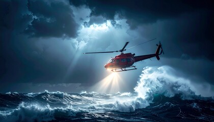 Fototapeta premium A rescue helicopter spotlight searches the waves