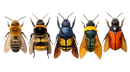 Collection of five different types of bees isolated on transparent background