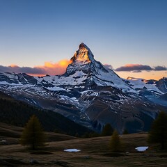 A majestic mountain peak, bathed in the warm hues of a vibrant sunset, dominates the landscape.