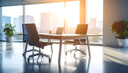Fototapeta premium Modern Office Meeting Room with Sunlight, Chairs, Table, and City View