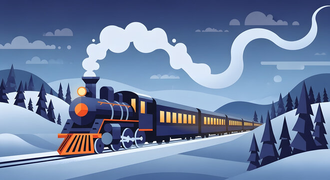 Stylized Winter Train Journey Through Snowy Landscape with Vapor Trails