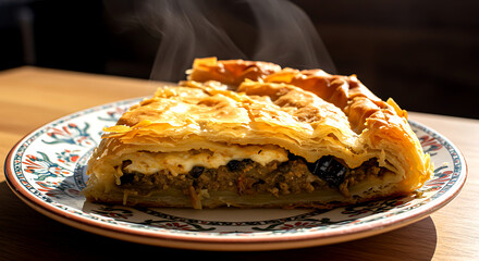 Burek me Patëllxhan, Albania. a savory phyllo pastry pie filled with spiced eggplant and cheese, flaky layers visible 