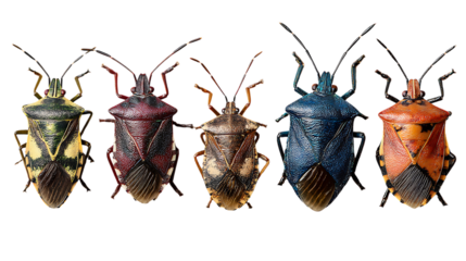 Five different stink bugs isolated on transparent background
