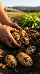 Freshly harvested potatoes in rich soil, a farmer's hands gently gather nature's bounty