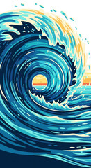 Dynamic ocean wave cresting with vibrant sunset glow, powerful nature's beauty captured