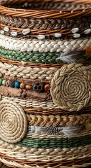 Handcrafted natural woven basket with earthy textures, beads, and feathers, evoking rustic charm