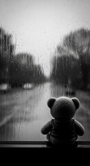 Lonely teddy bear watches rain streaks on window, evoking childhood nostalgia and quiet introspection