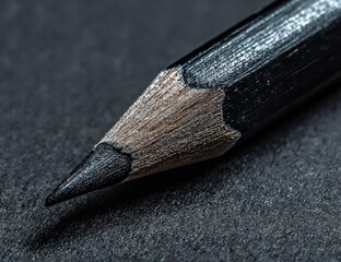 Close-up of a sharpened black pencil point resting on a dark surface;  the wood grain and graphite are highly detailed, showing texture and subtle light reflections